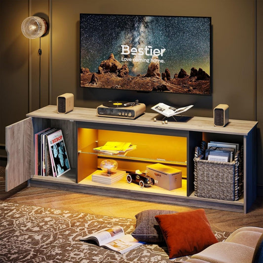 Meuble TV avec plateau en verre trempe marron avec eclairage LED