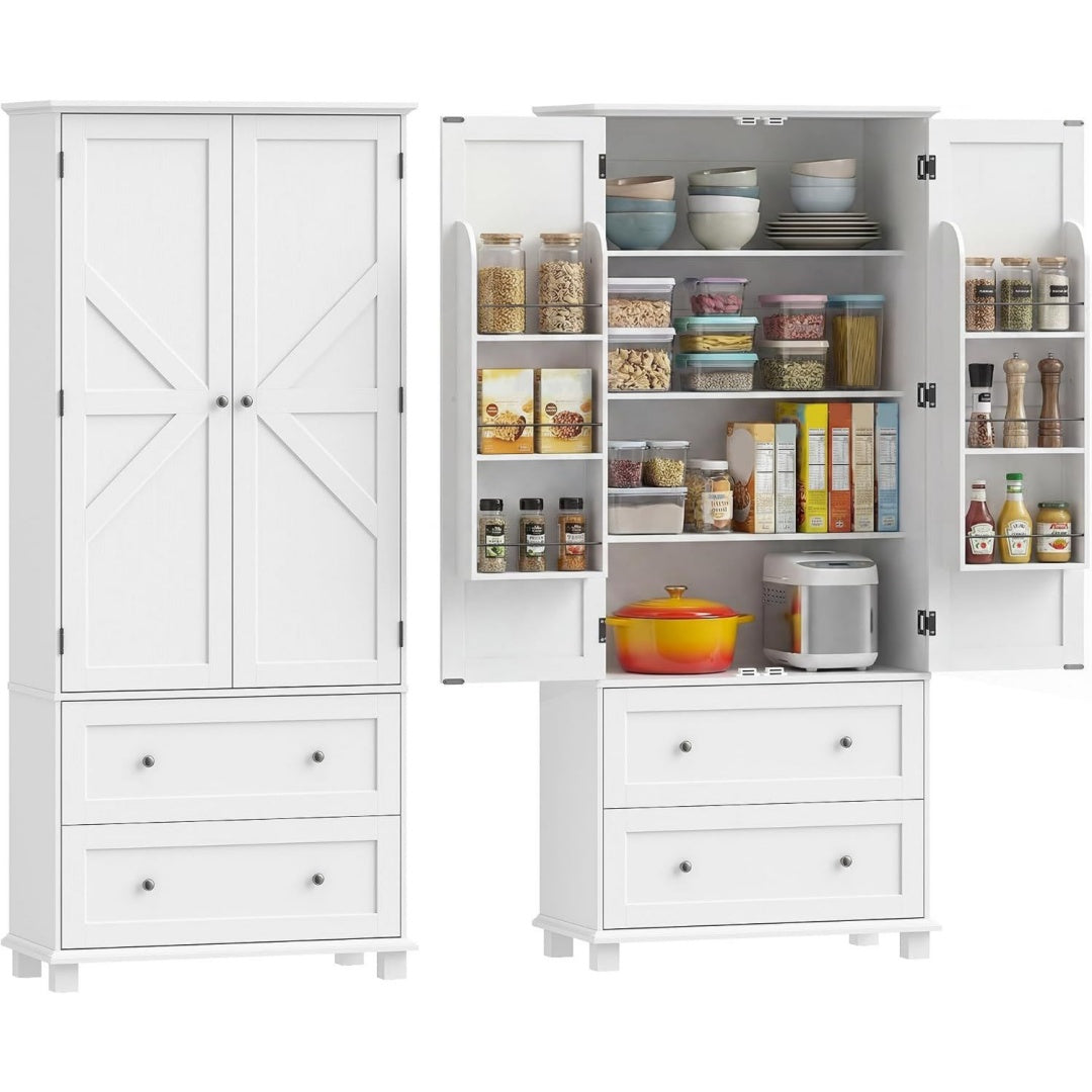 Buffet gris clair 6 etageres de rangement, MDF finition rustique