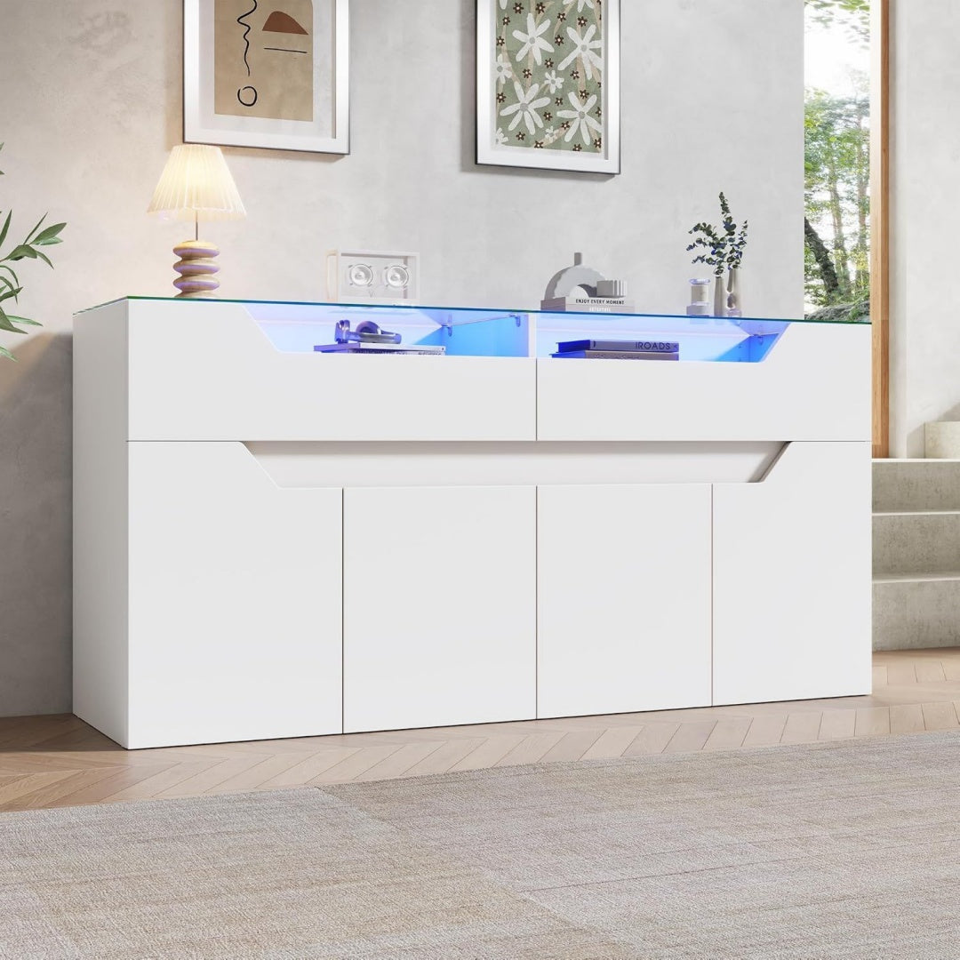 Buffet en verre trempe, gris clair style epure